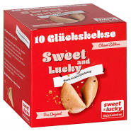 1 Faltschachtel für 10 Glückskekse mit einem Sweet & Lucky, Das Original-Motiv
