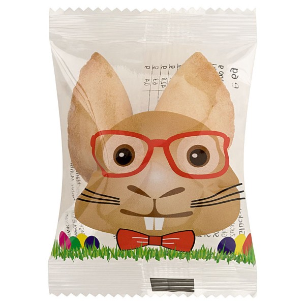 transparente Glückskeks-Verpackung mit einem lustigen, weiblichen Osterhosen-Motiv