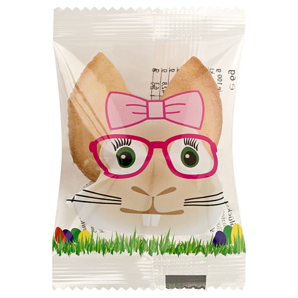 transparente Glückskeks-Verpackung mit einem lustigen, weiblichen Osterhosen-Motiv