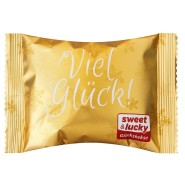 einzelne goldene Glückskeks-Verpackung mit einem Viel Glück Motiv