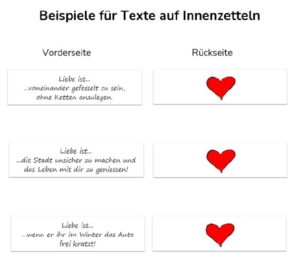 Zettel-Beispiele für Liebes ist... Glückskekse