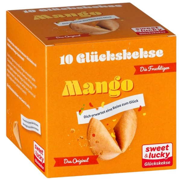 Eine Faltschachtel Mango Glückskekse